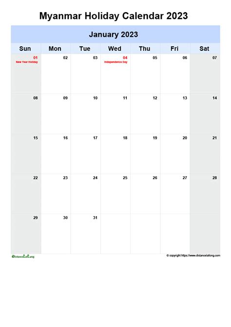 Download Free Printable 2023 Monthly Calendar With Myanmar Holidays