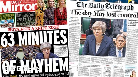 Newspaper Headlines Brexit Defeat Humiliation For May