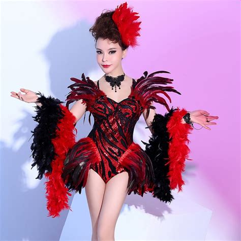 Women Red Sexy Rhinestone Feather Long Tail Jazz Dance Jumpsuit Female Singer Ds Stage Costume