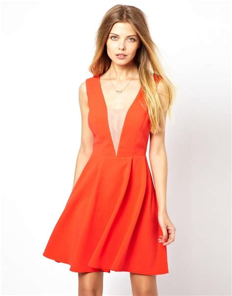 Asos Deep Plunge Mesh Insert Skater Dress On Picvpic Dresses Oscar