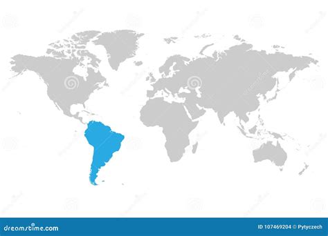 South America Continent Blue Marked In Grey Silhouette Of World Map