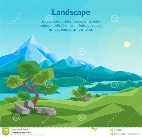 Cartoon Summer Mountain And River On A Landscape Background Card Poster