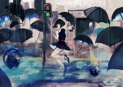 Anime Girl In Rain With Umbrellas Anime Artwork Anime Anime Art Fantasy