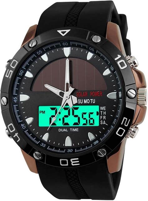 Mens Solar Power Military Dual Time Zones Silicone Band Sports Wrist