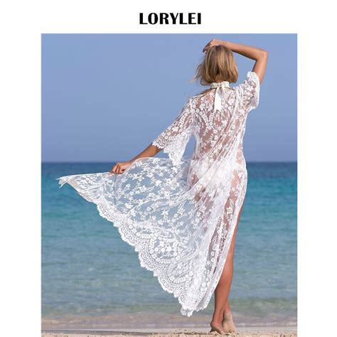 Sexy See Through Lace White Bathing Suit Cover Up Beach Wear Women