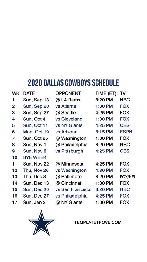 Dallas Cowboys Printable Schedule 2021 Francesco Printable