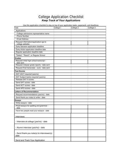 Printable College Application Checklist