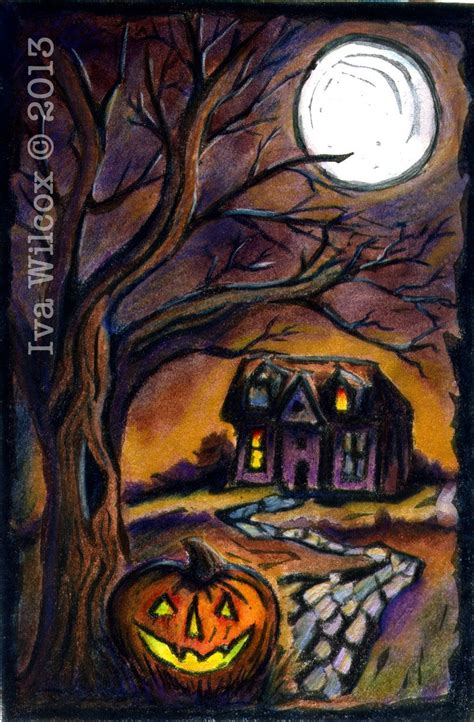 Halloween Linoleum Block Print Painting By Artist Iva Wilcox