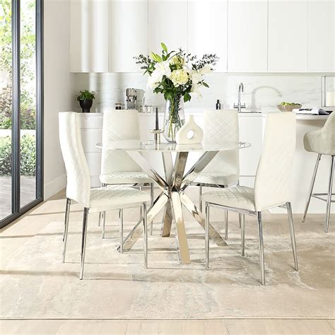 Plaza Round Dining Table And 4 Renzo Chairs White Marble Effect And Chrome