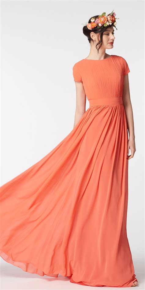 Modest Coral Bridesmaid Dresses Short Sleeves In 2021 Prom Dresses