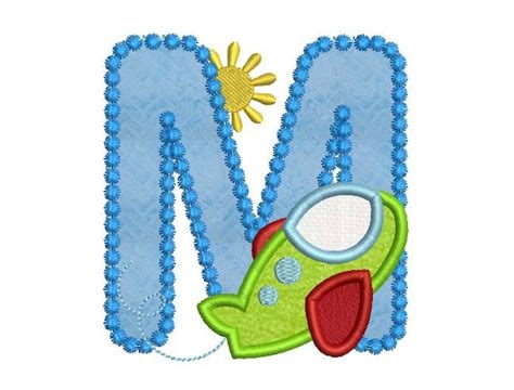 Airplane Letter M Applique Embroidery Design For Boys Summer
