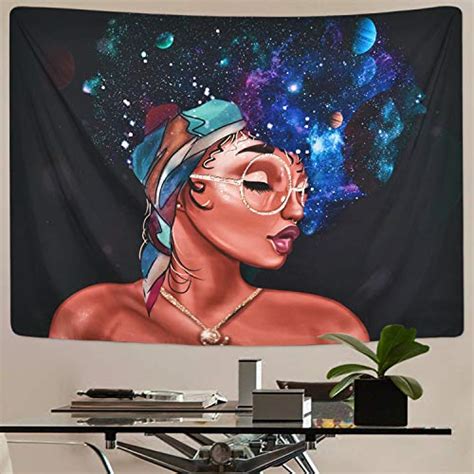 Romeooera African American Women Tapestry Wall Hanging Galaxy Girl With Retro Glasses Tapestries