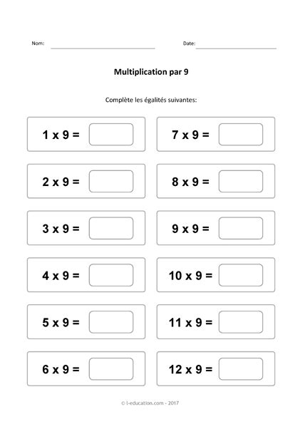 Cours Jeu table de multiplication de 9 Multiplier par 9 fiches à