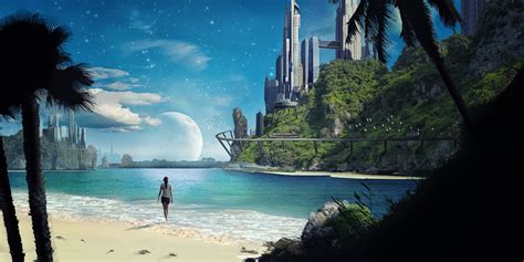 Wallpaper 5265x2636 Px Beach Futuristic Matte Painting Sea Space