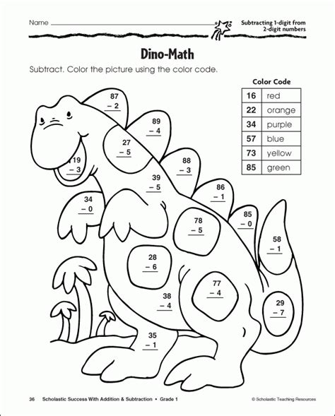 Number dot to dot printables. Dinosaur Color By Number Substraction Coloring Page ...