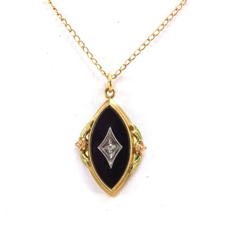 Black Onyx Diamond Necklace Vintage 1950s Mid Century 10k Gold With