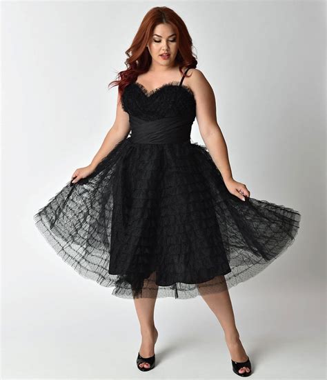 Unique Vintage Plus Size 1950s Black Ruffled Tulle Sweetheart Cupcake