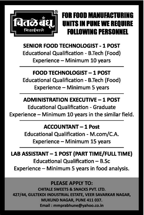 All engineering jobs in one easy search. Food Technologist Job in Pune - Production and ...