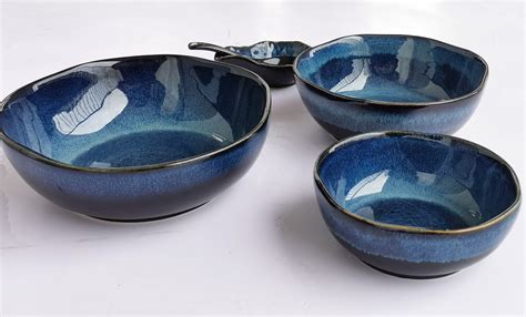 Blue Ceramic Salad Bowl Set Soup Bowlblue Stoneware Etsy