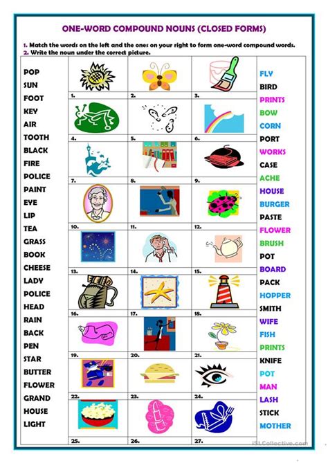 Compounding, composition or nominal composition is the process of word formation that creates compound lexemes. One-word compound nouns worksheet - Free ESL printable ...