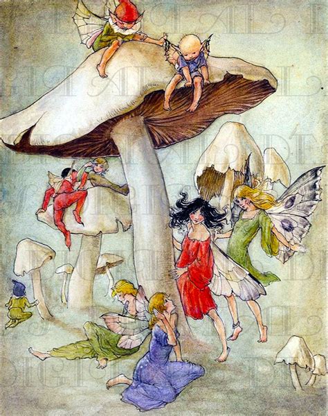 Fairies And Elves Play On Mushrooms Vintage Fairy Illustration Digital