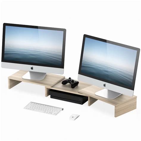 Fitueyes Dual Monitor Stand With Swivel Adjustable Shelf Wood Laptop