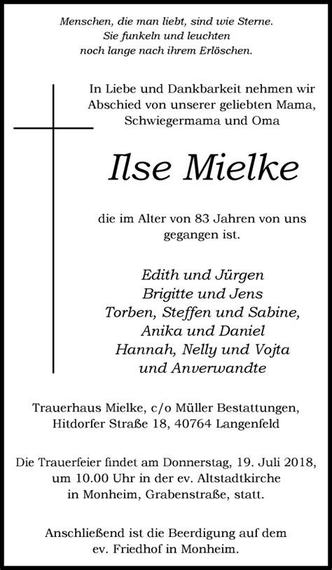 Traueranzeigen Von Ilse Mielke Trauer In Nrw De