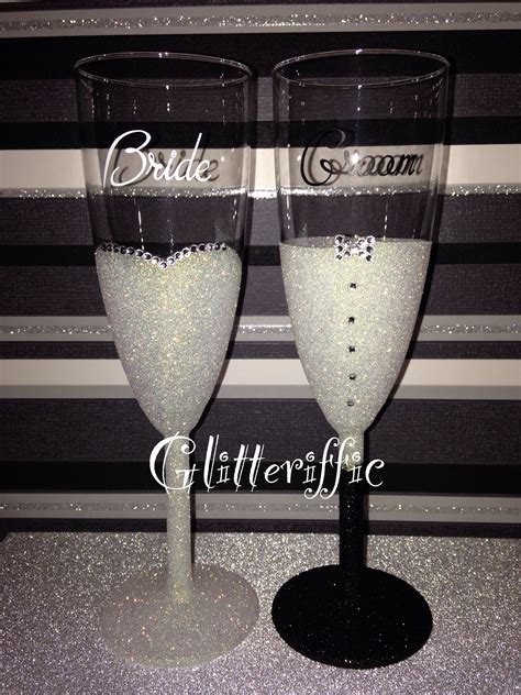 Bride And Groom Glitter Champange Flutes With Diamanté Detail M