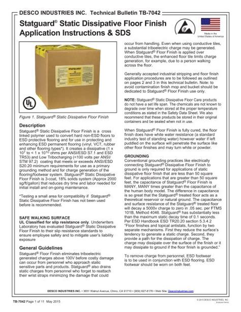 Statguard Static Dissipative Floor Finish Application Instructions And Sds