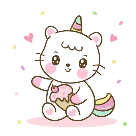 Cute Dibujos Animados De Gato Unicornio Holiding Helado Kawaii Handdraw