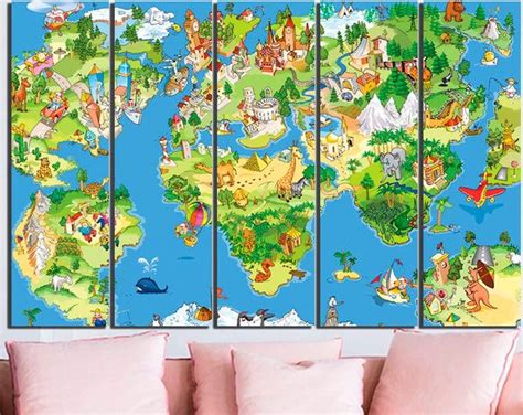 A Map Of The World With Animals And Places To Go On It In Different Colors