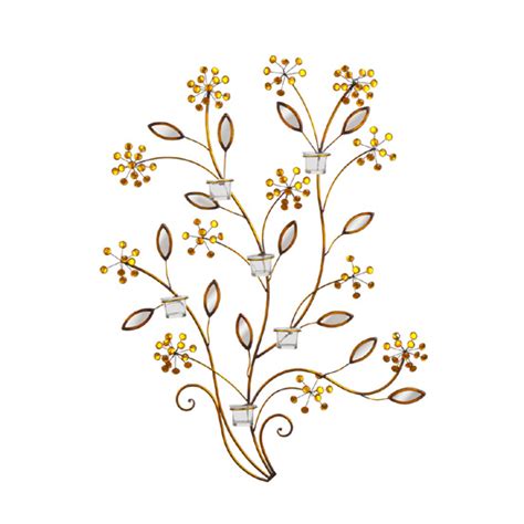 Bronze Metal Branch Jeweled Flowers 6 Tealight Holder Wall Art