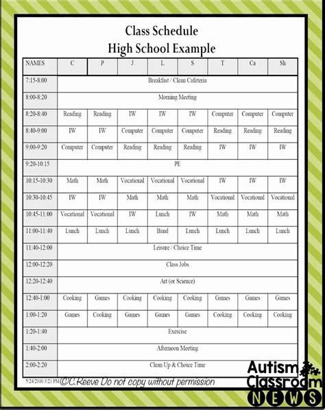50 Sample High School Class Schedule