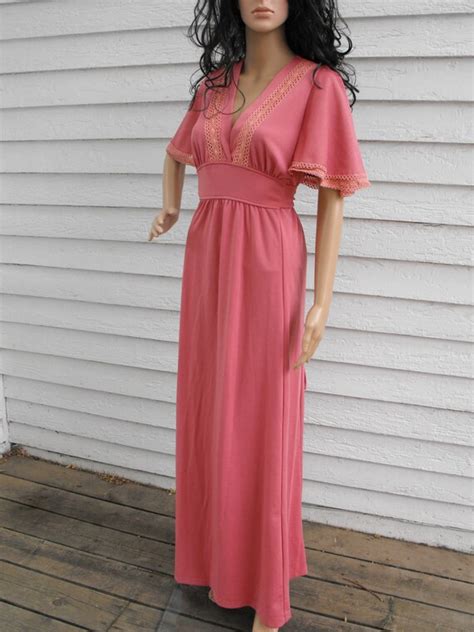 Vintage 70s Maxi Dress Hippie Empire Dark Pink Full Length