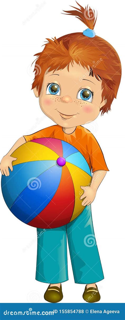 Vector Illustration Cute Little Small Girl Holding A Big Ball In Her