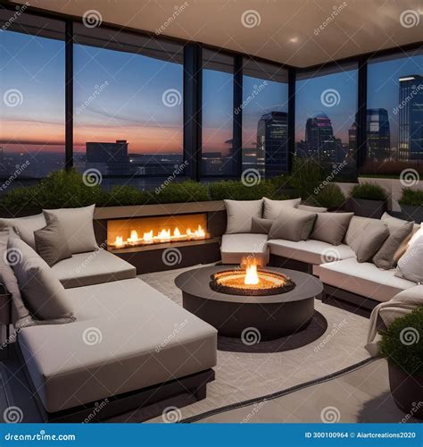 A Contemporary Rooftop Terrace with Lounge Seating, a Fire Pit, and