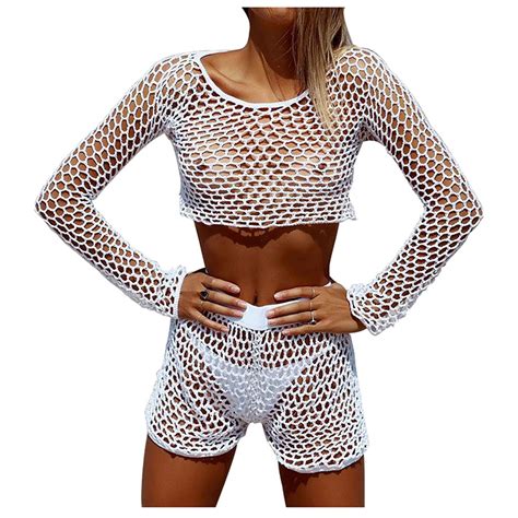 Sexy See Through Net Bikini Two Pieces Swimsuit Knitted Hollow Out Long Sleeve Lace Mesh Bathing