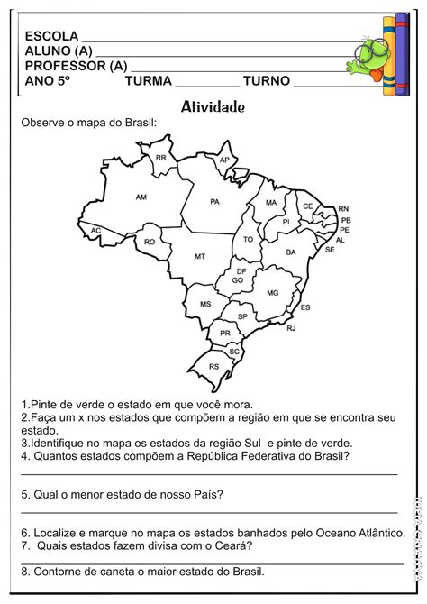 Atividade Geografia 5º Ano Estados Brasileiros