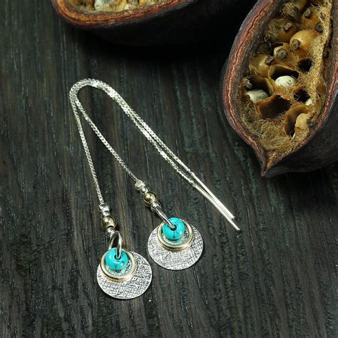 925 Sterling Silver 14K Gold Filled Threader Drop Earrings Turquoise
