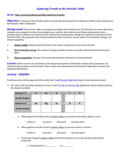 Explore trends in atomic radius, ionization energy, and electron affinity in the periodic table. Exploring The Periodic Table Worksheet Answers ...