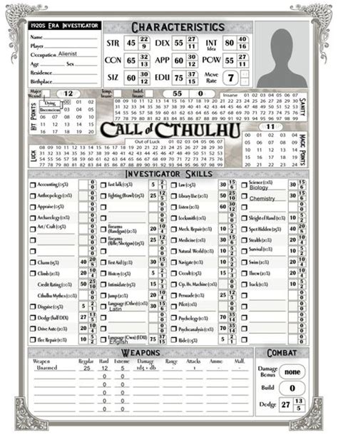 Call Of Cthulhu Character Sheet Generator Keraol