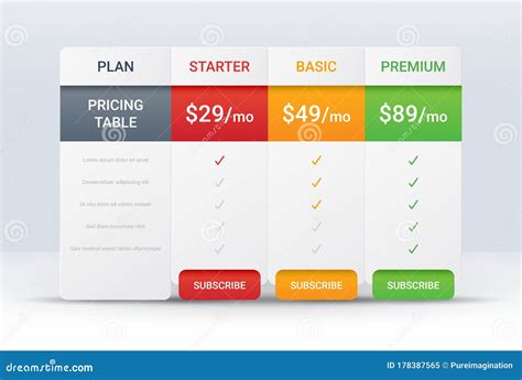 Price Comparison Table Layout Template for Three Products Stock Vector