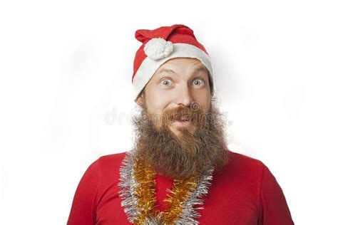 Happy Funny Santa Claus Real Beard Red Hat Shirt Making Crazy Face