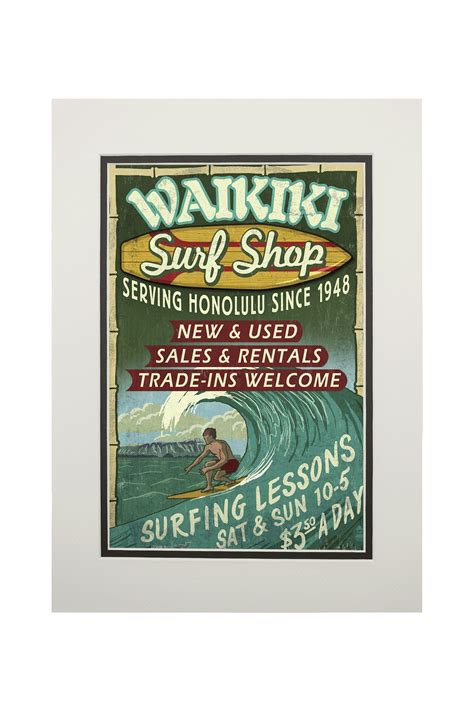 Waikiki Beach Hawaii Surf Shop Vintage Sign Art And Giclee Prints