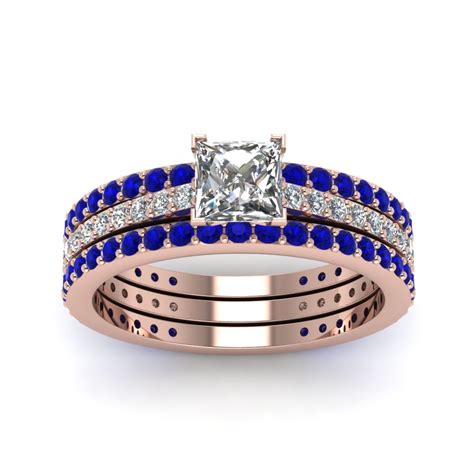 Princess Cut Diamond Eternity Trio Wedding Ring Set With Sapphire In