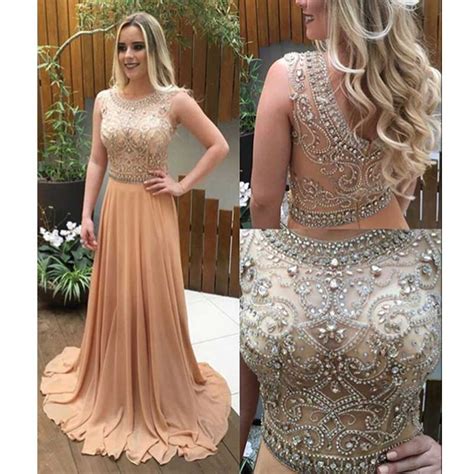 See Through Beaded Prom Dress Long Champagne Prom Dresses