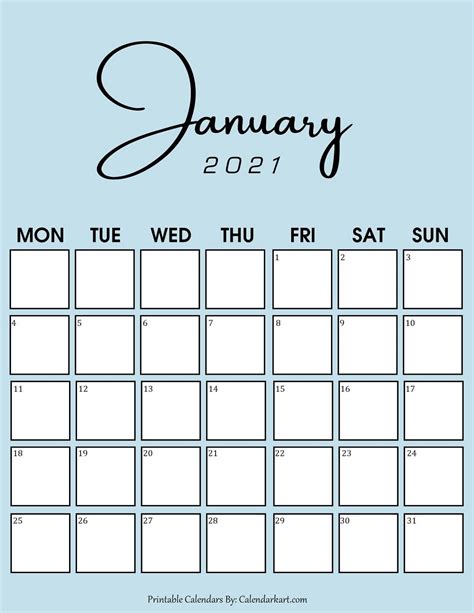 Print the calendar and mark the important dates, events, holidays, etc. January 2021 Calendar Bold Big Spacious | Academic Calendar