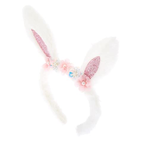 Claires Club Sequin Floral Bunny Ears Headband White Claires