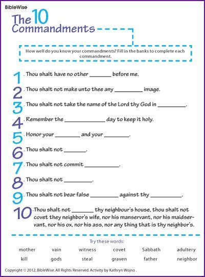 Fill In The Blanks Ten Commandments Kids Korner Biblewise