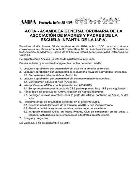 Acta De La Asamblea General Ordinaria Del Ampa De La Escuela